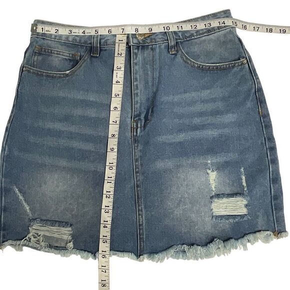 Forever 21 Skirt Blue Jean 5 Pockets Distressed Denim Button Zip Front Large - Picture 3 of 8